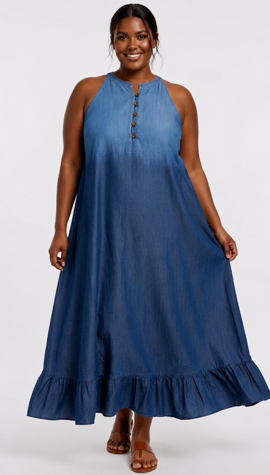 Haltered Two Tone Long Denim Dress
