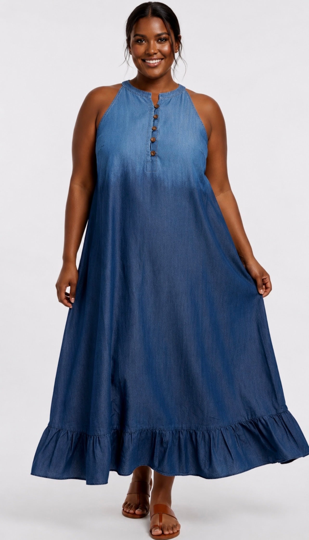 Haltered Two Tone Long Denim Dress