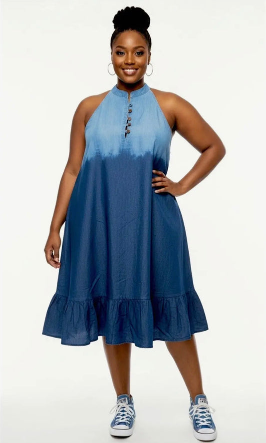 Haltered  Dress Two Tone Denim