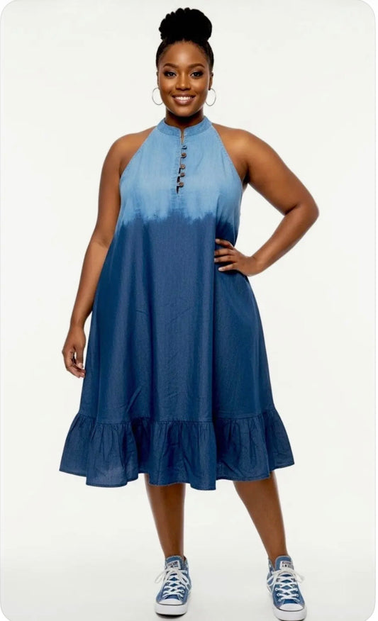 Haltered  Dress Two Tone Denim